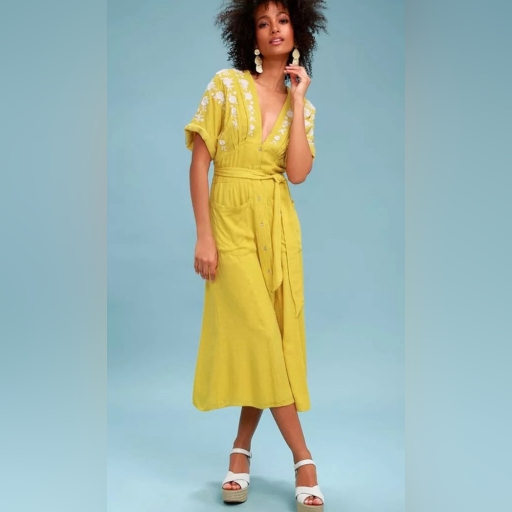 Free people yellow embroidered midi dress